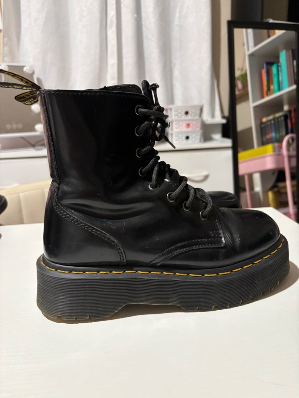 Dr. Martens Black Leather Platform Lace-Up Boots with Yellow Stitching